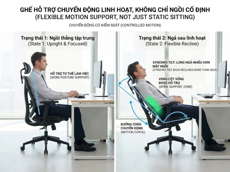 Hướng dẫn sử dụng ghế công thái học: hệ thống ngả và chuyển động của ghế