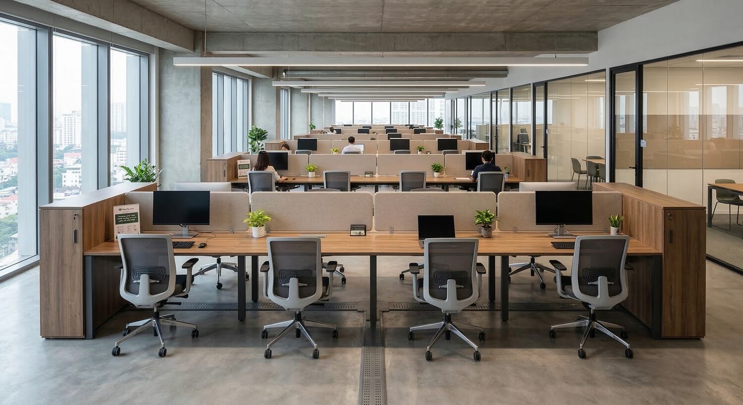 Arrange workstations for four people in a vertical row.