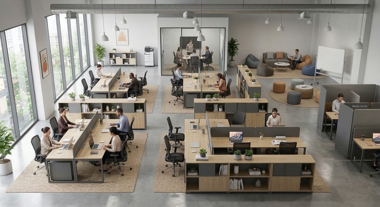 Use low filing cabinets as dividers between clusters of desks.