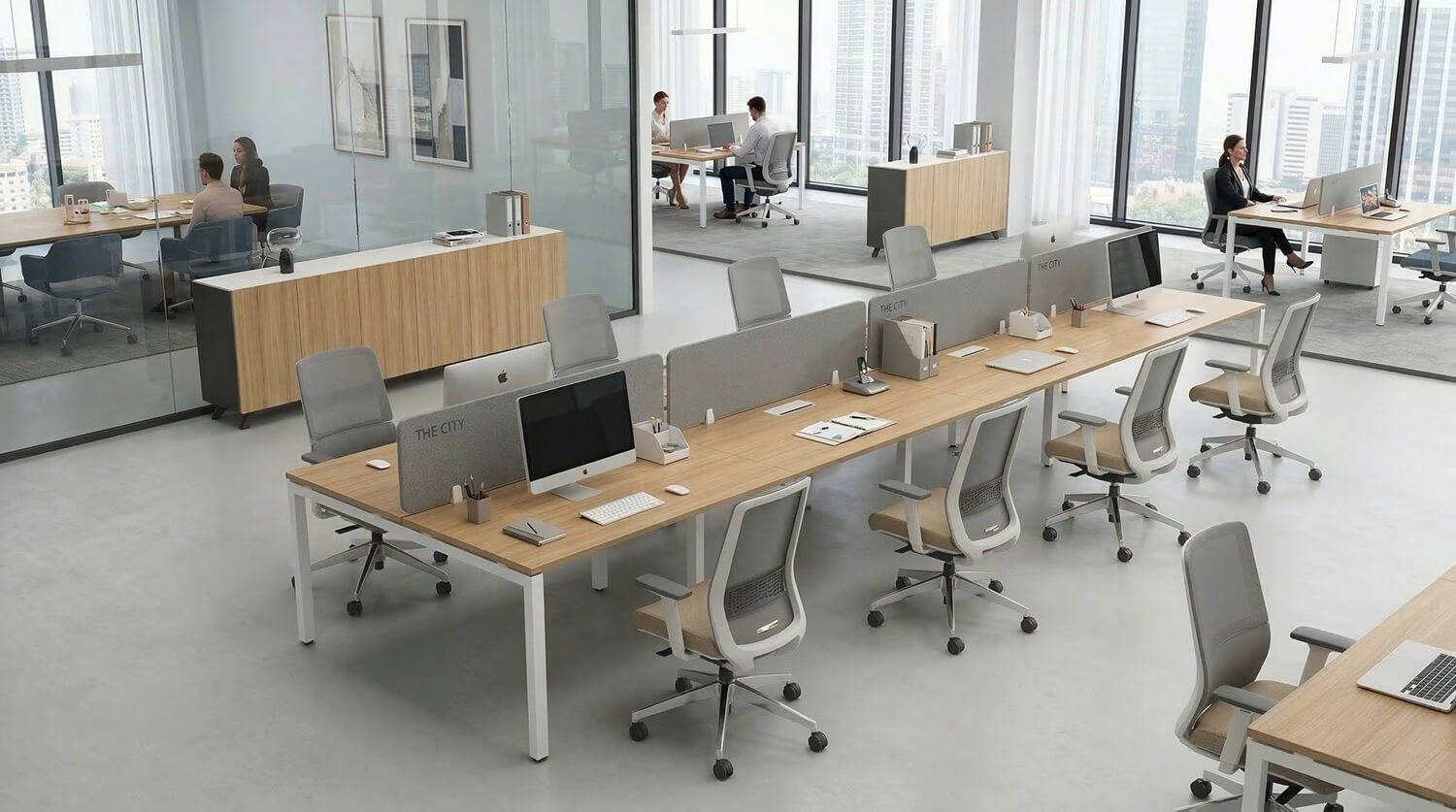 Thiết kế không gian làm việc mở (Open Office) với cụm bàn dài 6 người