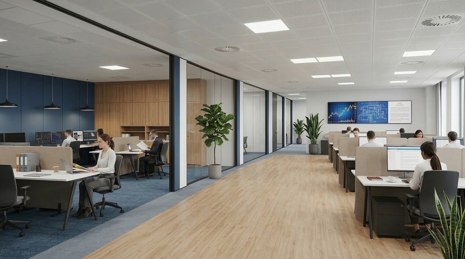 Office Workstations with Partitions for Technical, Finance & Legal Teams