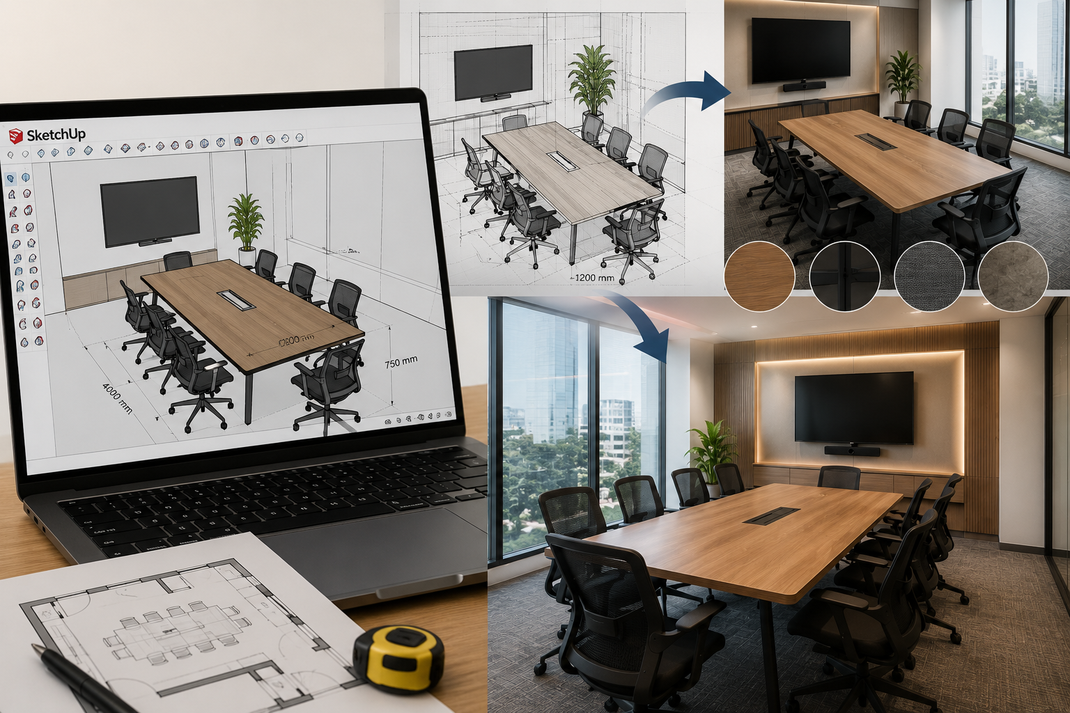 Bàn Họp SketchUp - Từ Bản Vẽ 3D Đến Không Gian Cộng Tác Được Thiết Kế Cho Con Người